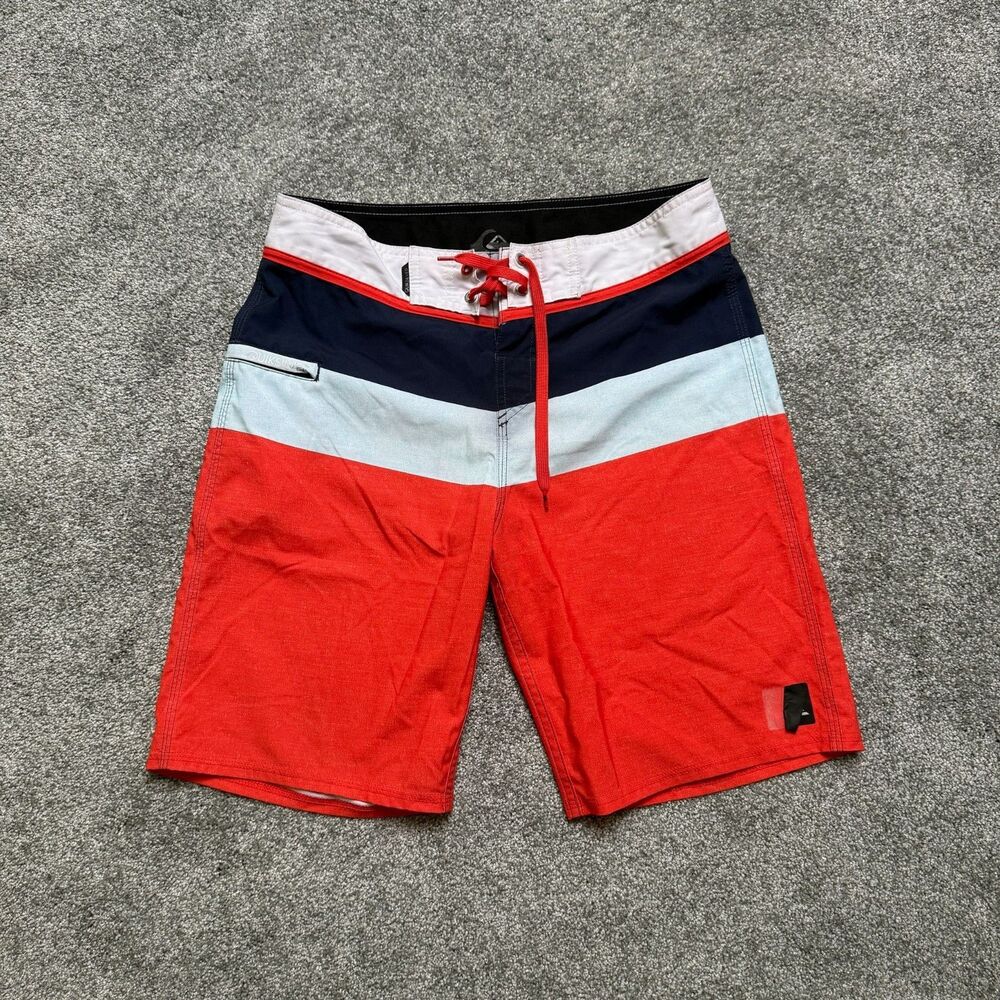 Quiksilver Men Swimwear Boardshorts Shorts 30 Blue Orange Stripe Logo 10" Inseam